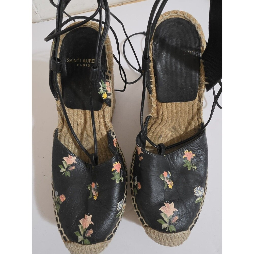 Saint Laurent Certified Authentic Black Leather Floral Espadrilles Wedges 6.5